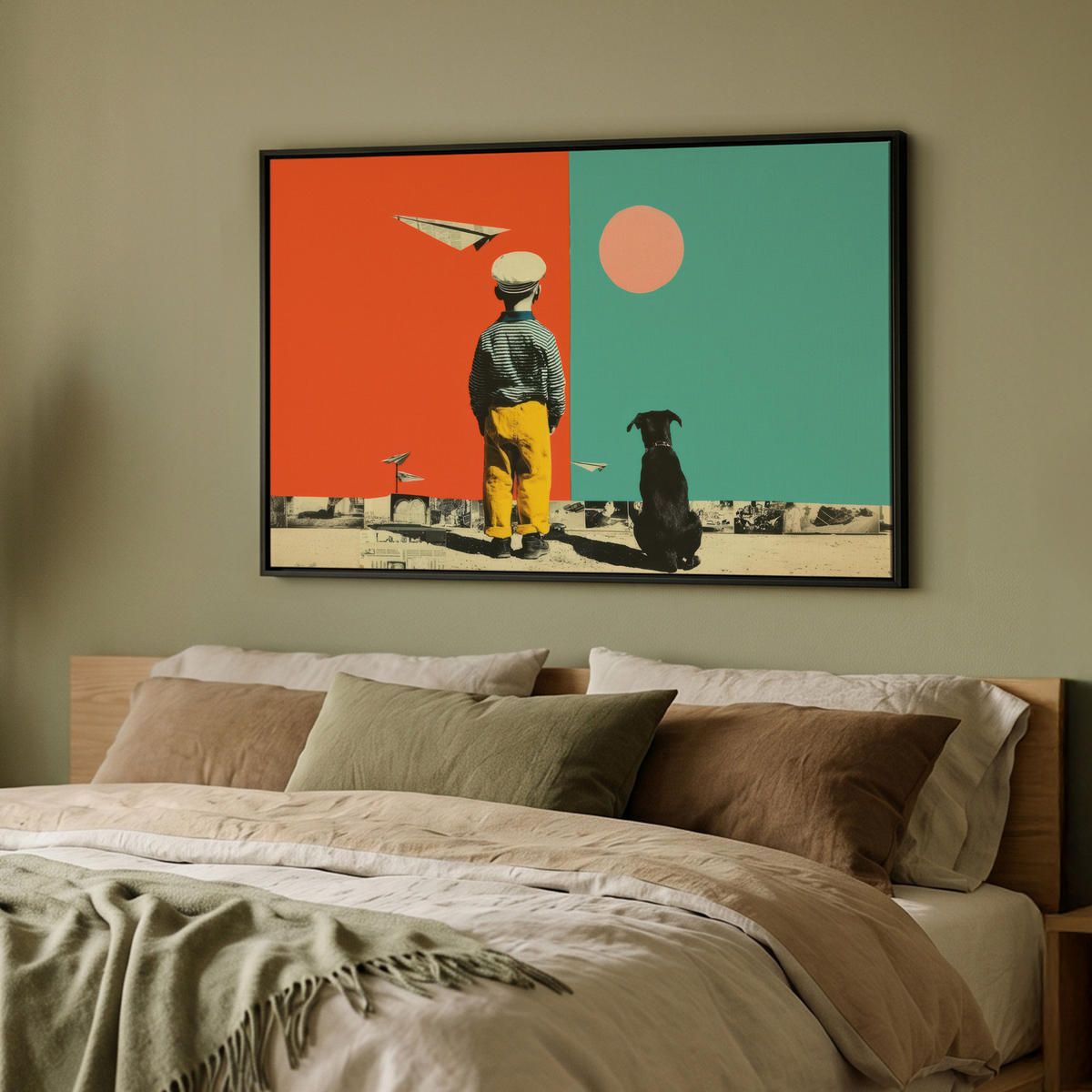 LEINWAND Bilder mit Rahmen - Retro - Junge - Hund - Rot - Grün - 90x60 - Orange, Textil (90/60cm) - MuchoWow