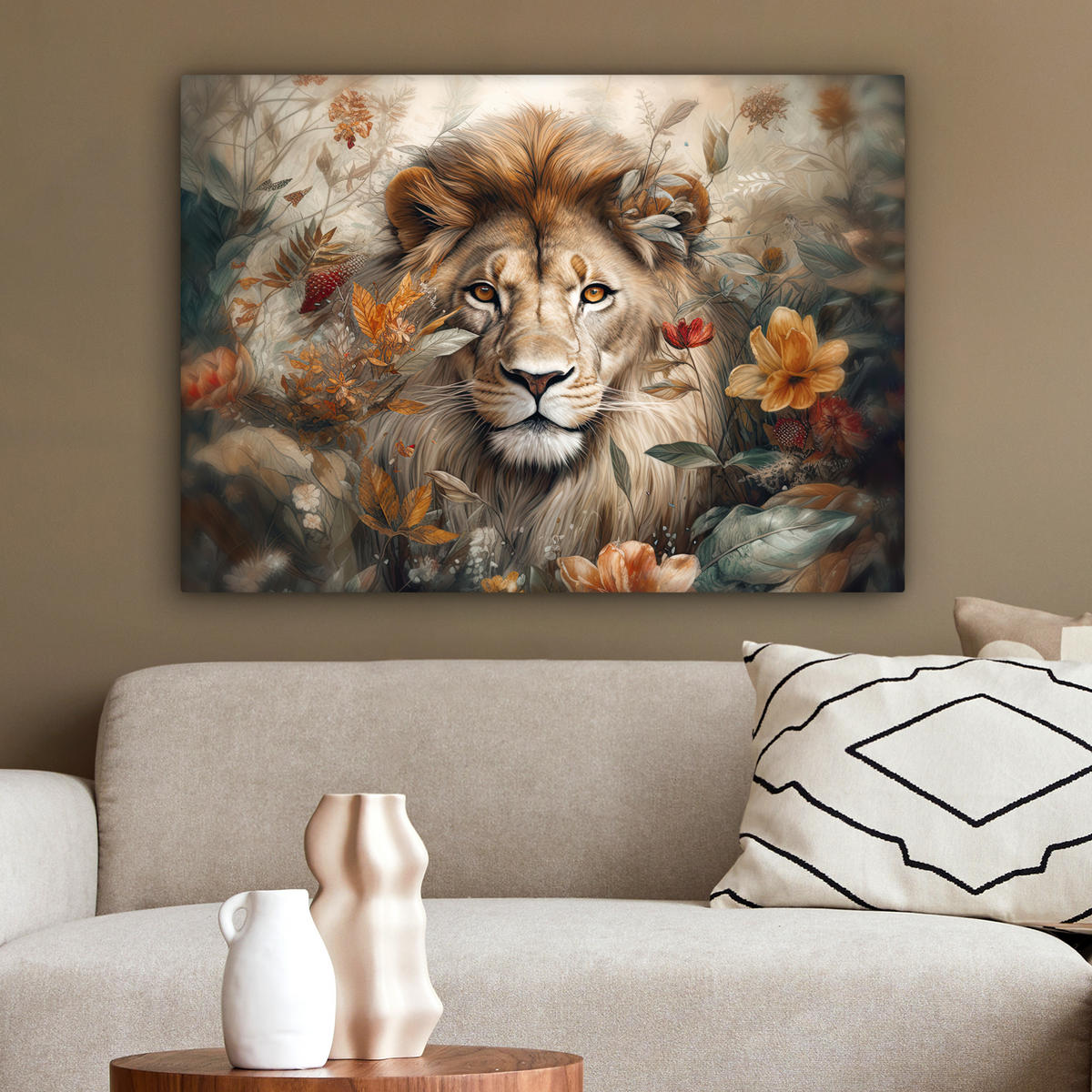 LEINWANDBILD Löwe - Wildtiere - Pflanzen - Natur - Blumen Wandbilder 80x60 cm - Beige, Textil (80/60cm) - MuchoWow