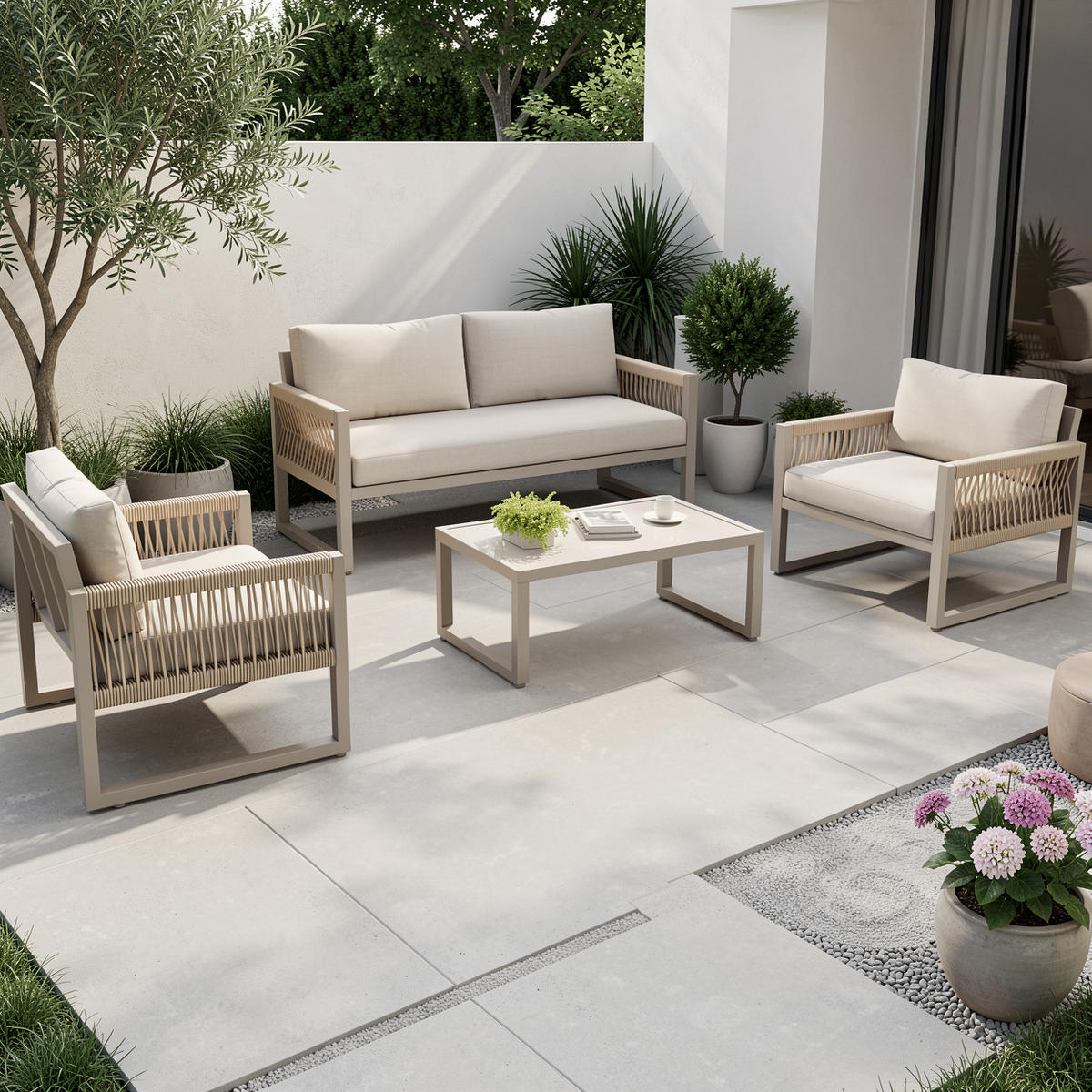 LOUNGEGARNITUR 4-tlg Khaki Metall & Seil Outdoor Sofaset mit 2 Sesseln, Sofa & Glastisch - Sandfarben, Metall - Urban Meuble