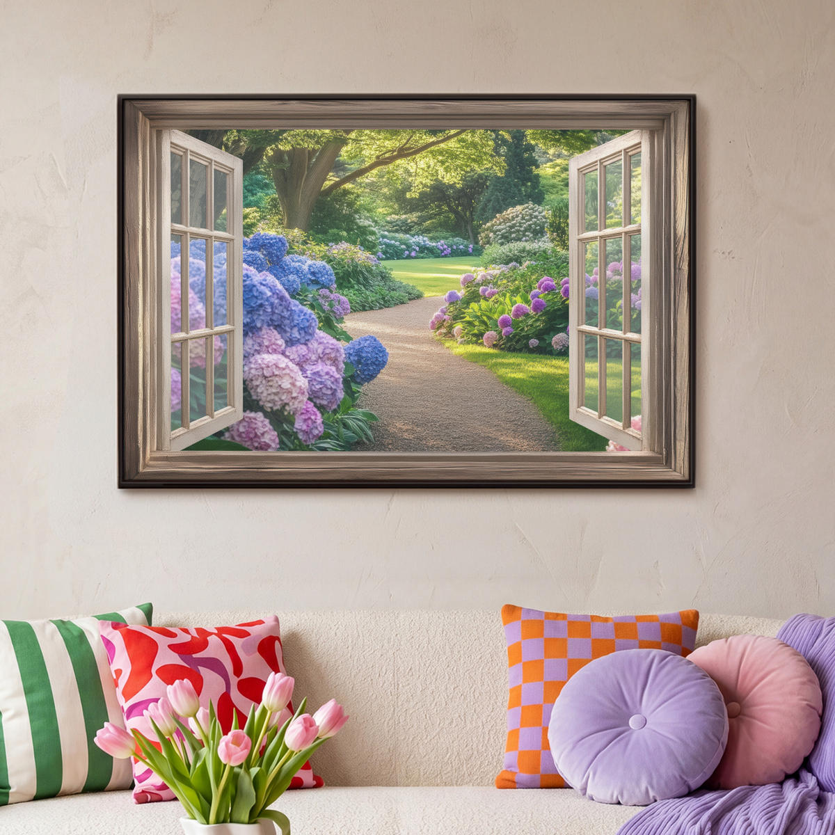 LEINWAND Bilder mit Rahmen - Aussicht - Garten - Fenster - Hortensie - Blumen - 90x60 - Pastellblau, Textil (90/60cm) - MuchoWow