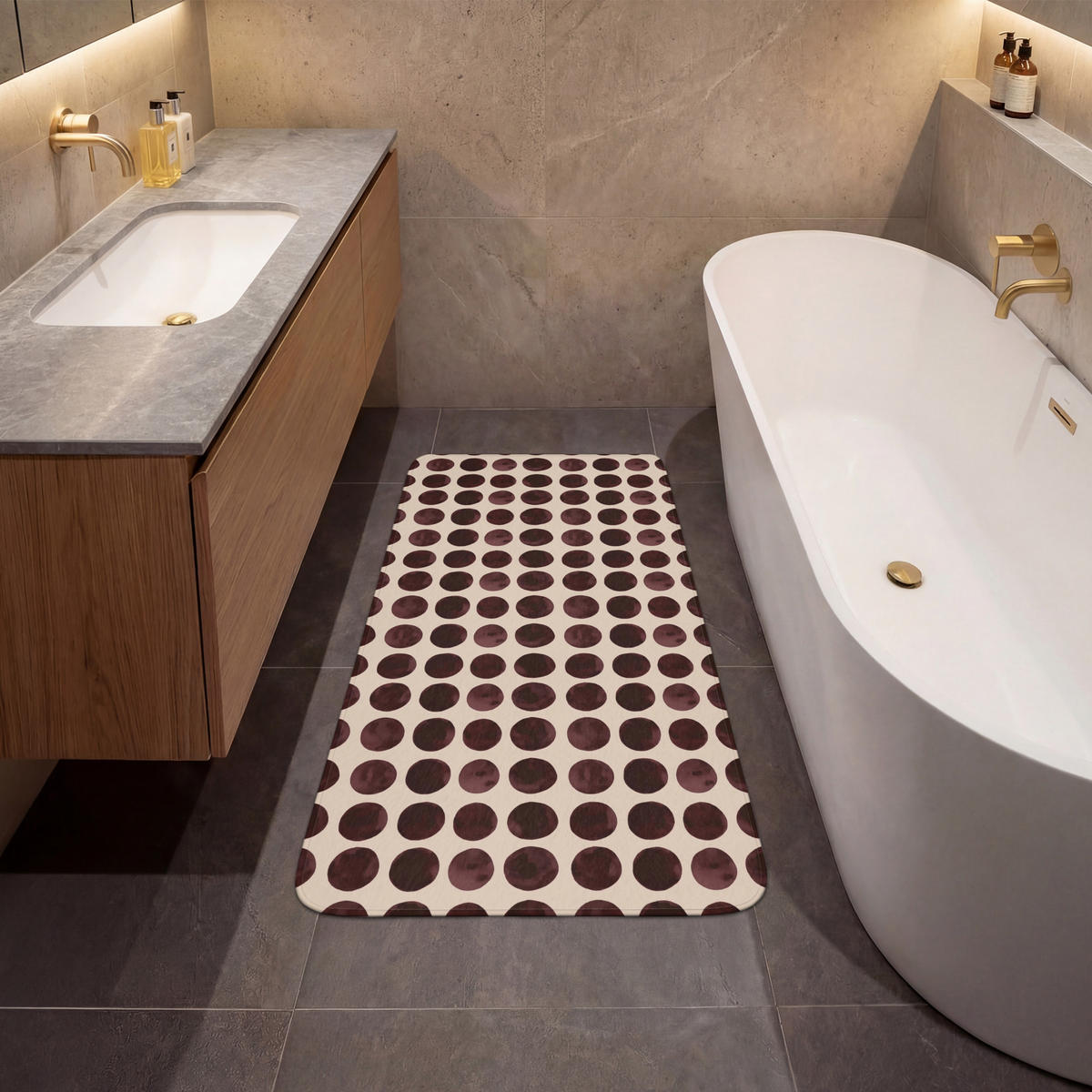 KOUPELNOVÁ PŘEDLOŽKA Puntíky - Vzor - Hnědý 60x120 cm - bordeaux, textil/plast (60/120cm)
