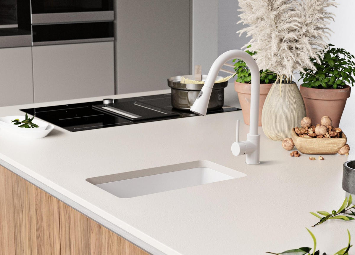 UNTERBAUSPÜLE GRANIT London, 2-er set Alles Weiß 26/47 cm 1 Becken + Küchenarmatur 38/14 cm + Ablauf-Set ab 30er Unterschrank - Weiß, Kunststoff (26/20/47cm) - Primagran