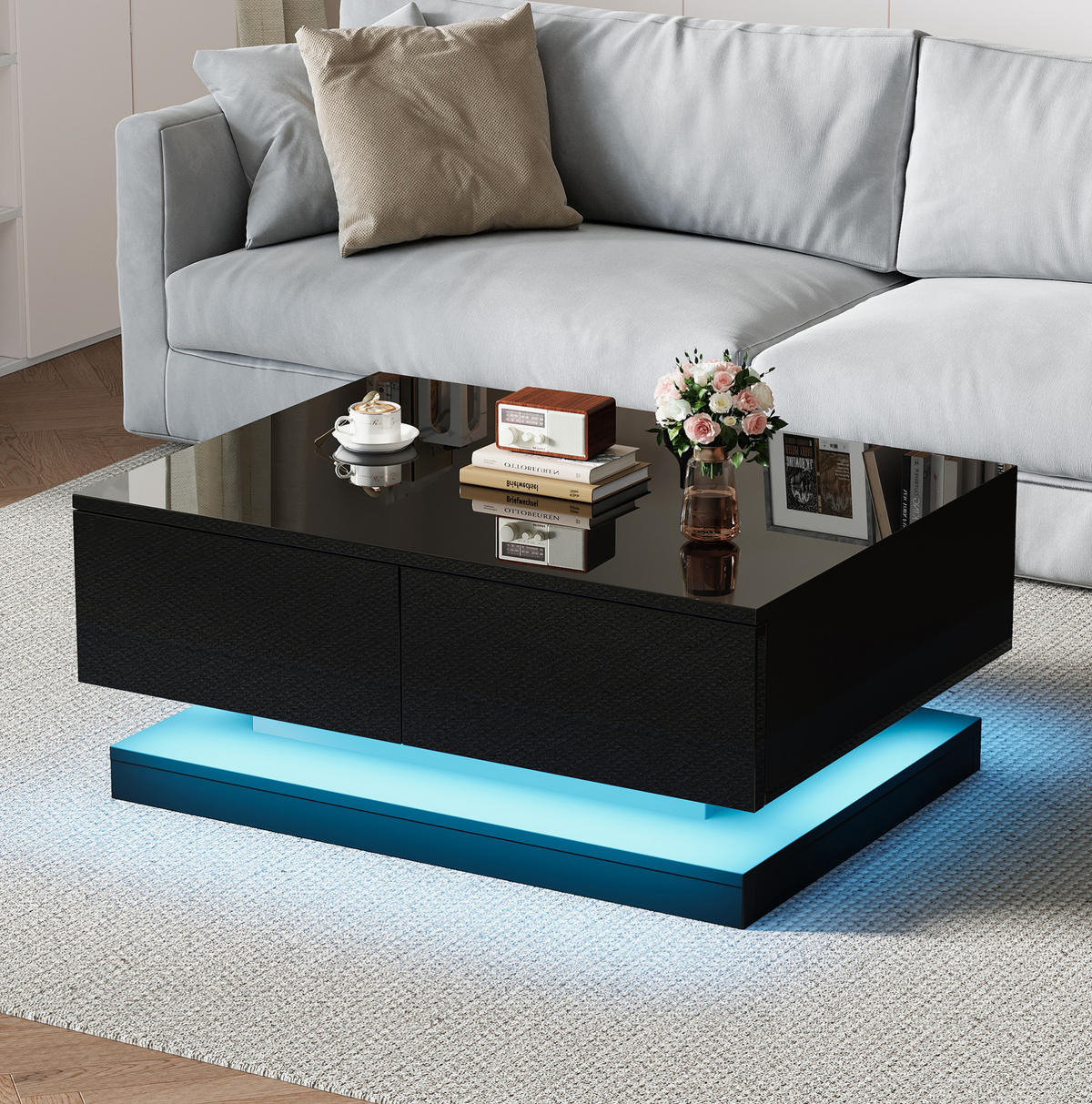 COUCHTISCH aus Spanplatte 90x50x38 cm in Schwarz mit 2 Schubladen & LED - Schwarz, Holzwerkstoff (90/50/38cm) - Modfu