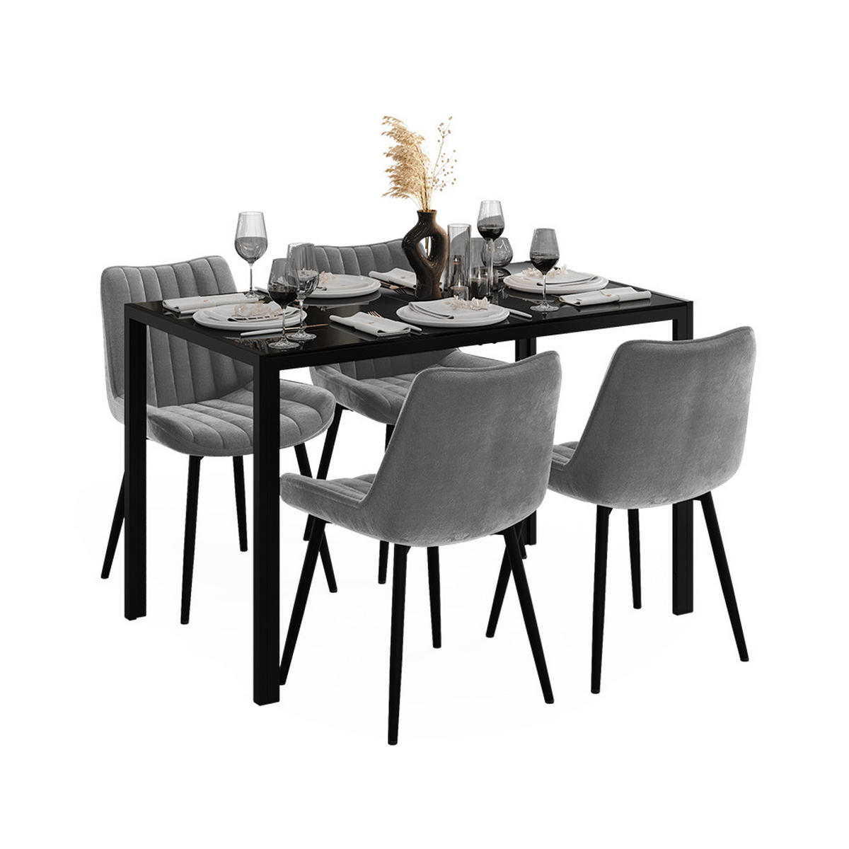 JÍDELNÍ STŮL SESTAVA Grand, Černá, 120 x 70 cm se 4 židlemi (šedé) - černá, sklo (120/74.5/70cm) - Vicco
