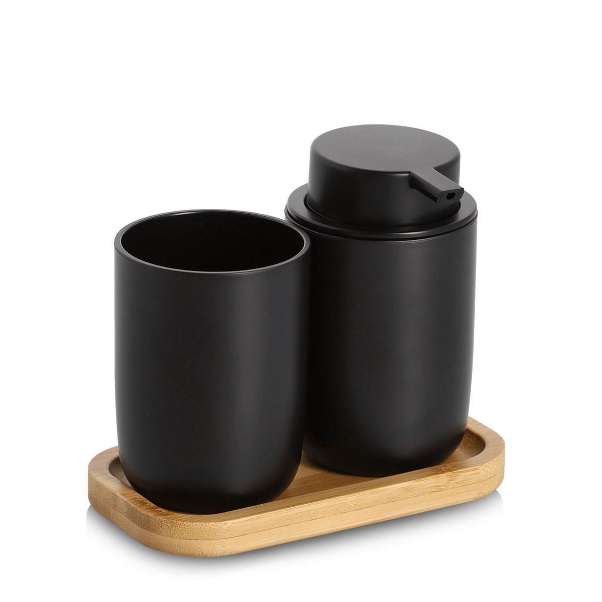 BAD-ACCESSOIRES-SET Zahnputzbecher und Seifenspender 16,5/9/13,5 cm - Schwarz, Naturmaterialien (9/13.5/16.5cm) - ZELLER