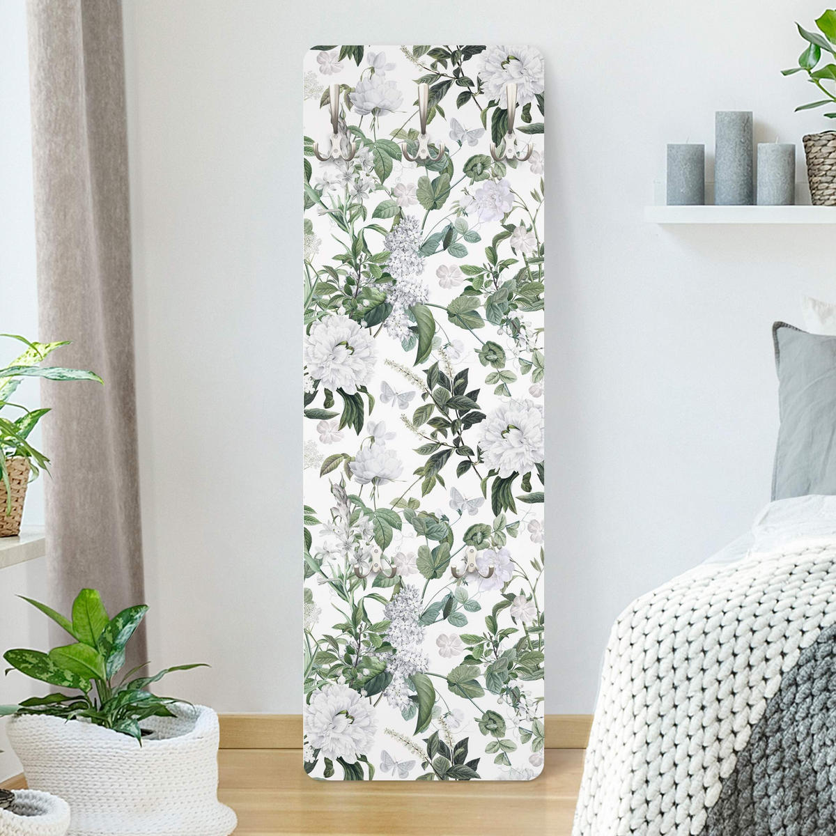 WANDGARDEROBE - Weiße Blüten und Schmetterlinge 34/105 cm - Weiß, Holzwerkstoff (34/105/1.6cm) - Bilderwelten