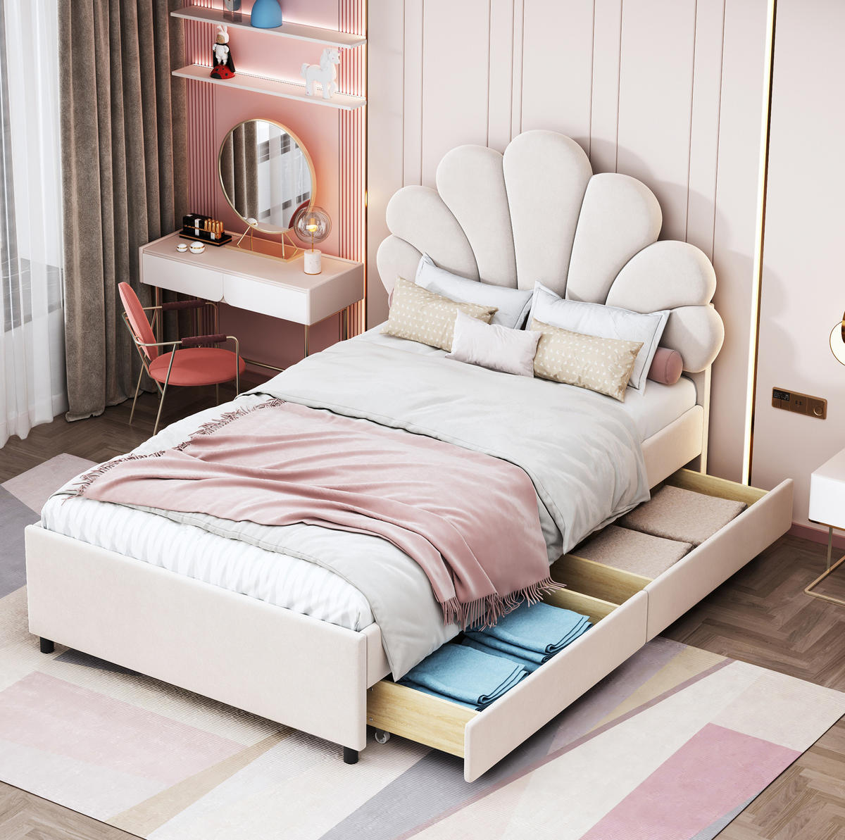 KINDEREINZELBETTEN aus Samt 90x200 cm in Beige mit 2 Schubladen & Lattenrost - Beige, Textil (90/200cm) - Modfu