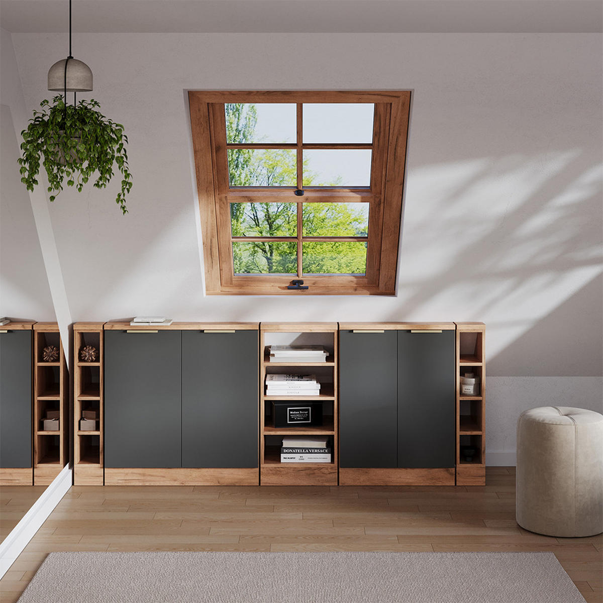 ŠATNÍ SESTAVA PRO ŠIKMÉ STŘECHY Rion Antracitově zlatý - antracitová, kompozitní dřevo (210/81.6/46cm) - Vicco