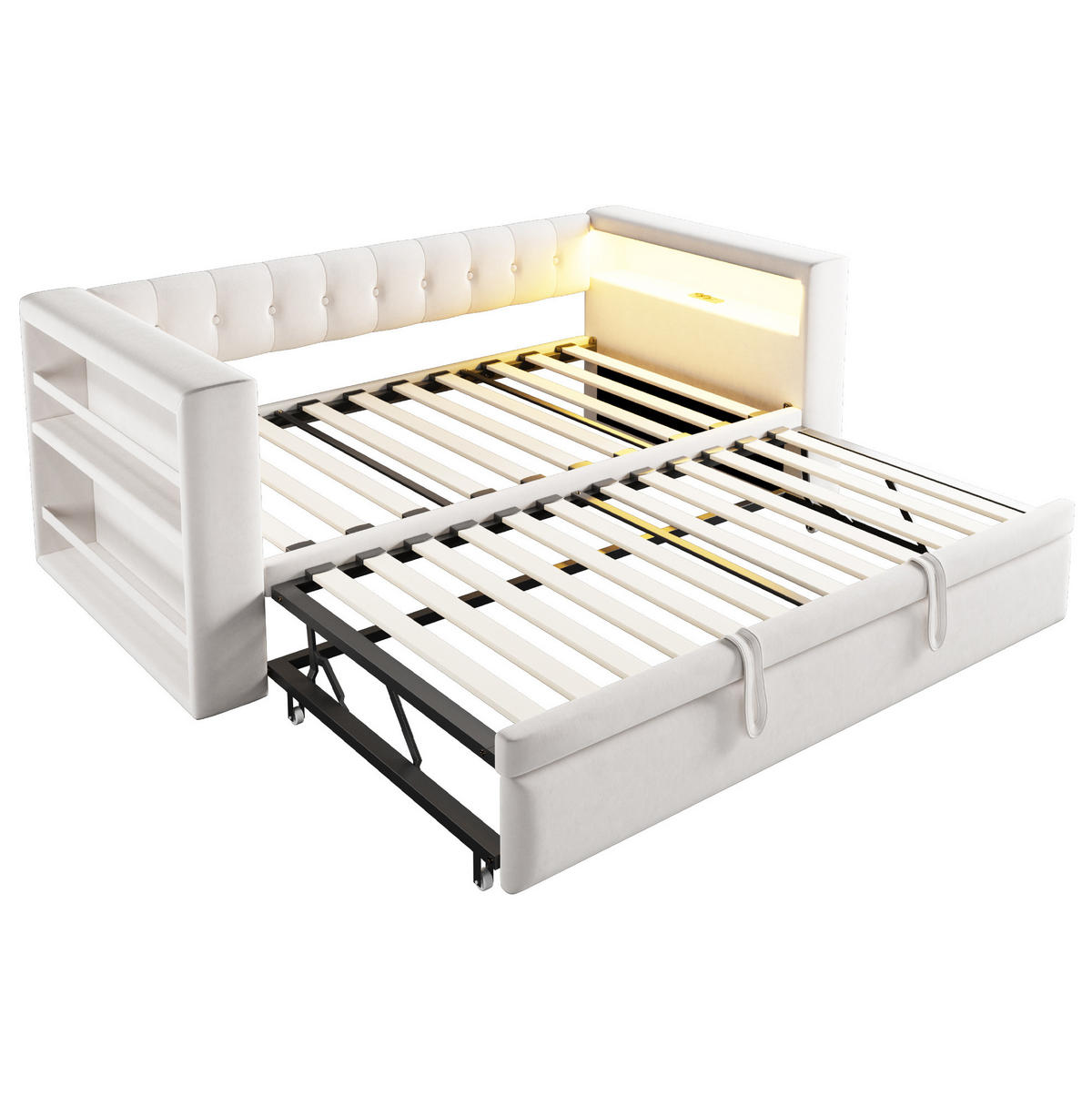 POLSTERBETT 90/180/190 cm Beige aus Flannelette mit LED-Beleuchtung und Steckdosen - Beige, Textil (90/200cm) - OKMYHOME