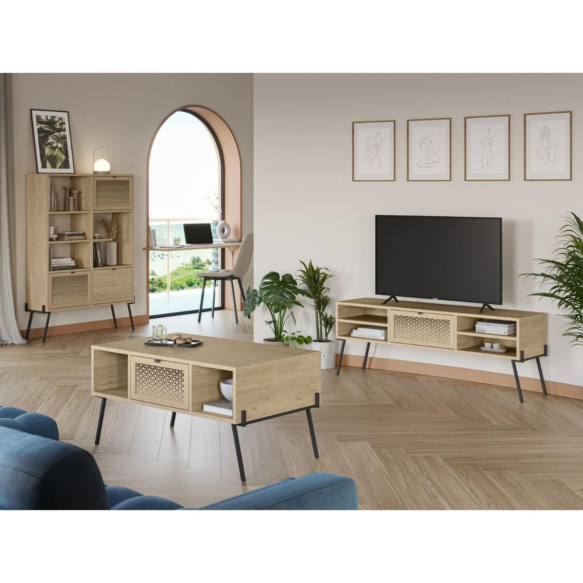 COUCHTISCH 1 Tür 3 Nischen und Metallfüße L100 cm - Evan - Apfelbaumfarben, Holzwerkstoff (100/60/50.5cm) - Calicosy