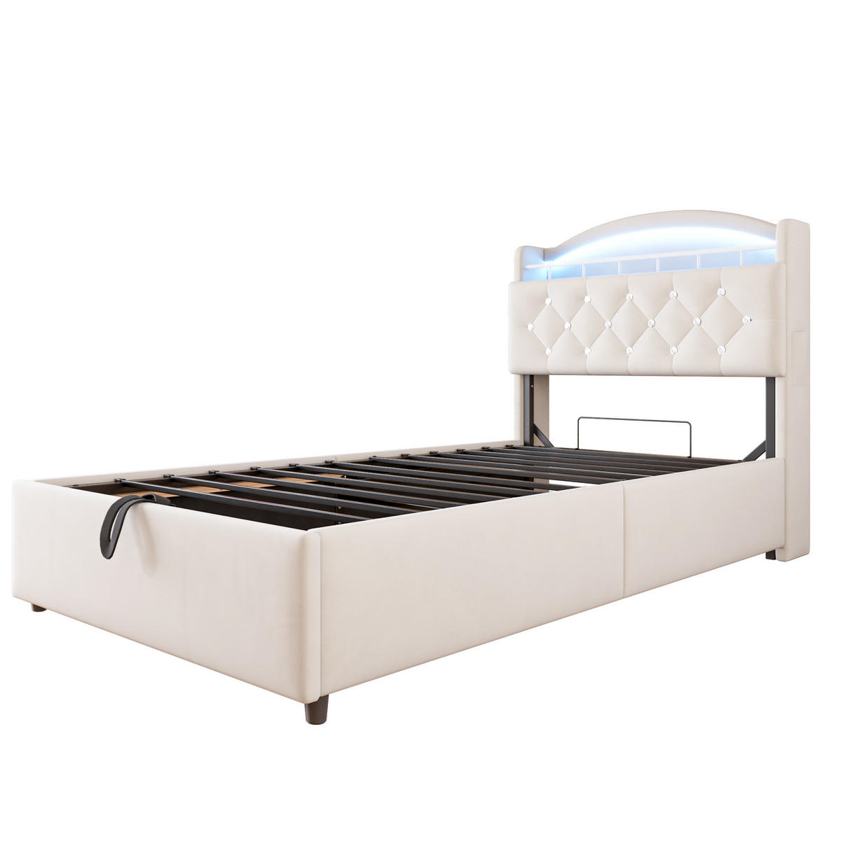 POLSTERBETT Kinder 90/200 cm Beige mit Stauraum, LED und USB-Anschlüssen - Beige, Textil (90/200cm) - OKWISH