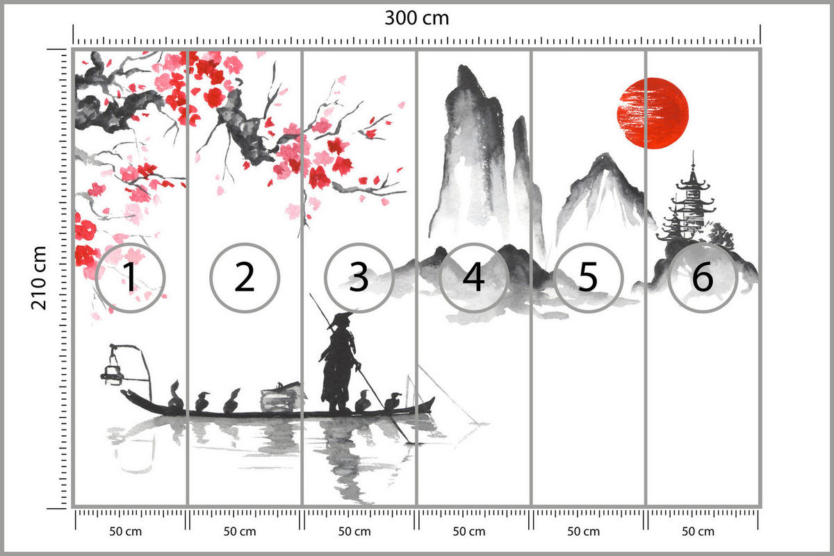 FOTOTAPETE Japanische Landschaft Aquarell 300x210 - Rot/Schwarz, Papier (300/210cm) - Muralo