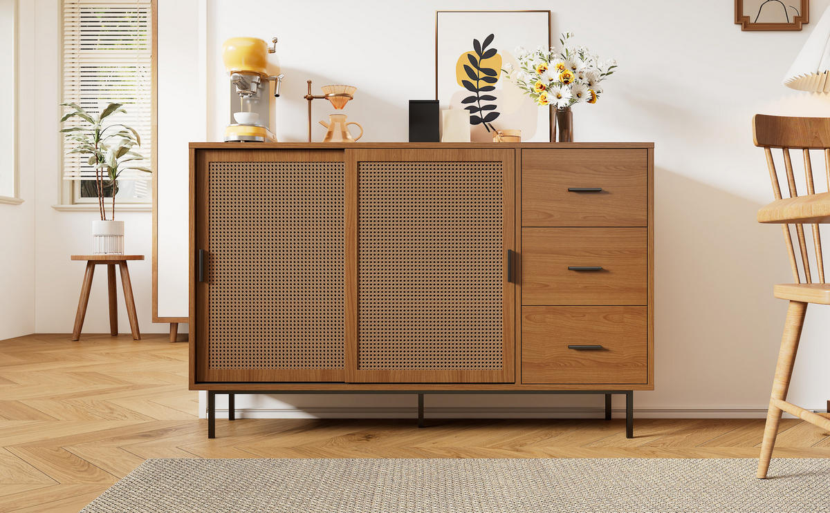 SIDEBOARD mit 2 Schiebetüren aus Rattan und 3 Schubladen, Natur, Spanplatte, 140/37/91 cm, Natur - Naturfarben, Holzwerkstoff (140/91/37cm) - Redom