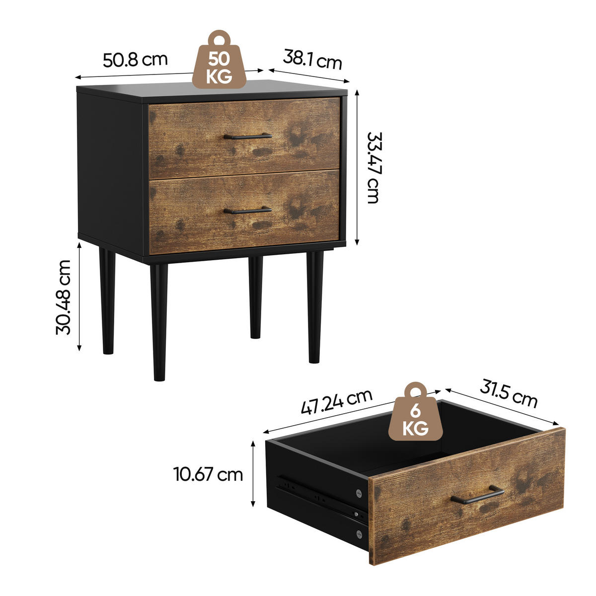 NACHTTISCH 51 cm Vintage Braun – Nachtkonsole Industrial mit 2 Schubladen & Massivholzbeinen - Braun, Holzwerkstoff (51/66/38cm) - Urban Meuble