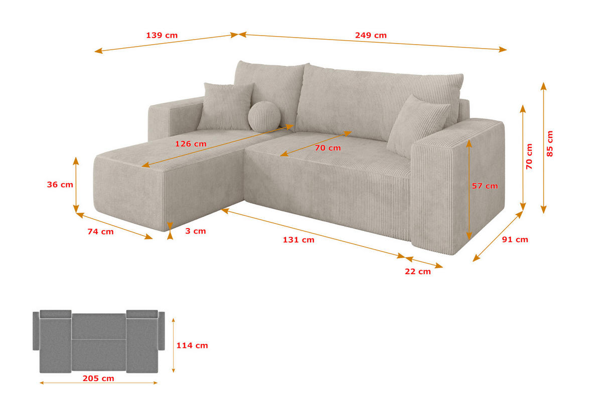 ROHOVÁ SEDAČKA s funkcí spaní, otoman vlevo SENO-L 249x139x85 krémová manšestr - černá/krémová, kompozitní dřevo/textil (249/139cm) - ALTDECOR