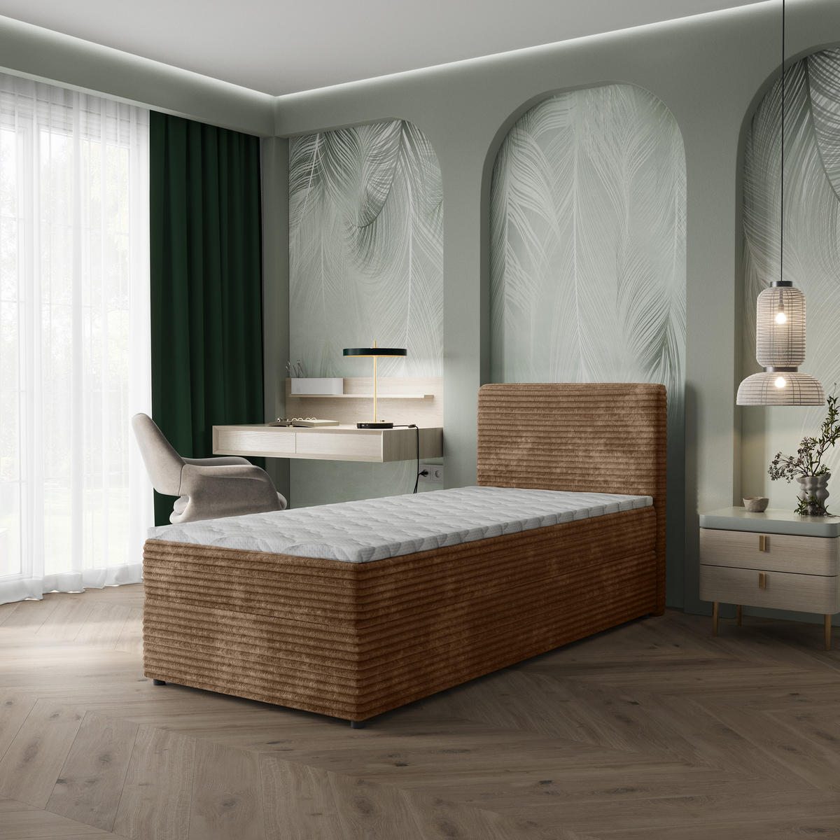 BOXBETT PISA 100 100x200 cm mit Matratze und Topper, H2+H3 - Beige - Beige, Holz (100/200cm) - MASSENO