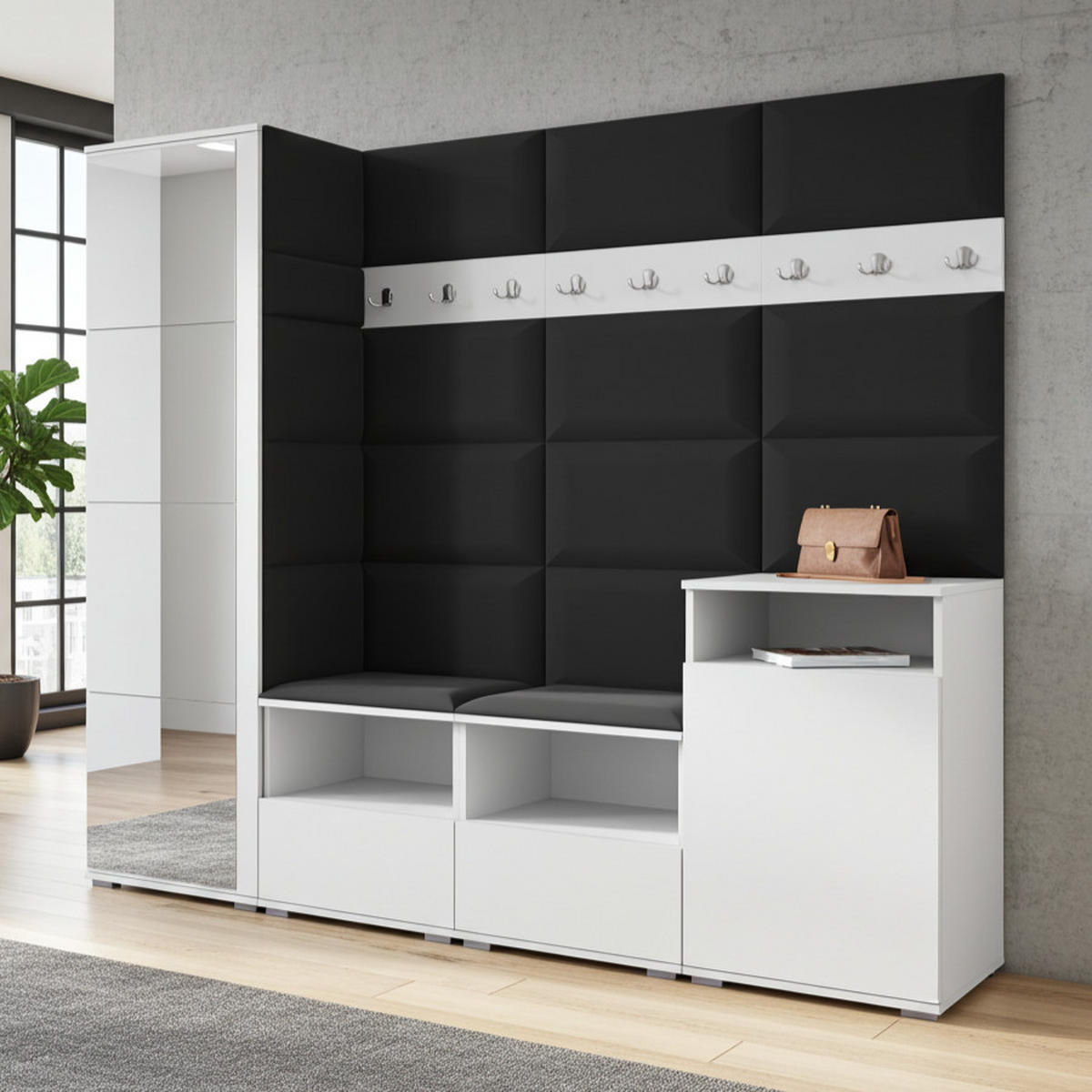 GARDEROBE NELA X 200 cm (Modulare Flurmöbel Weiß mit Spiegel & Sitzpolster Schwarz 16 Schrank + Sideboard) - Silberfarben/Schwarz, Holz/Holzwerkstoff (200/187/40cm) - Ravio