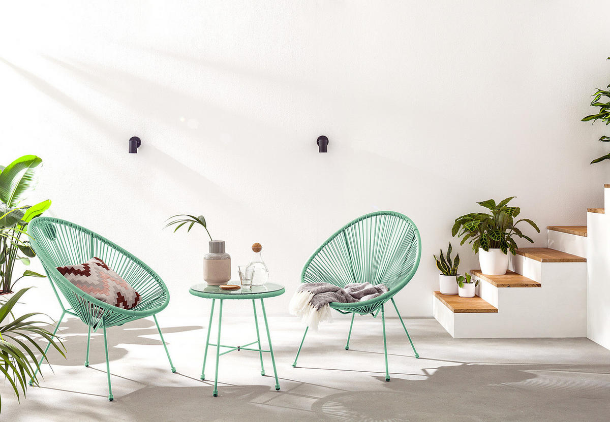 SITZGRUPPE - Stahl / Polyrattan - 3-teilig - Mintgrün, Naturmaterialien/Glas - home24