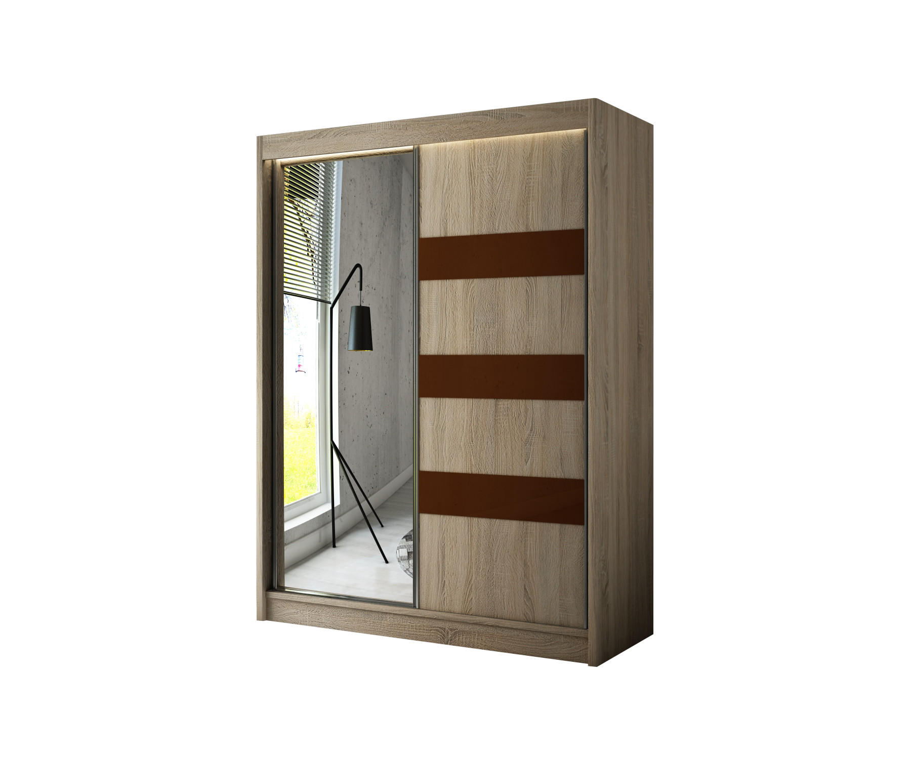 KLEIDERSCHRANK mit LED, Spiegel und Schiebetüre LOSTE - 200 cm Sonoma|Braun - Braun/Sonoma Eiche, Holzwerkstoff (200/215/61cm) - ALTDECOR