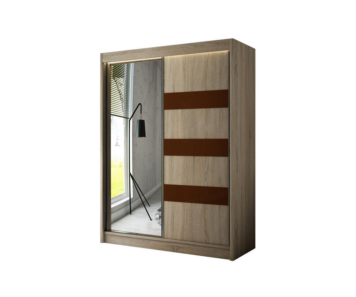 KLEIDERSCHRANK mit LED, Spiegel und Schiebetüre LOSTE - 120 cm Sonoma|Braun - Braun/Sonoma Eiche, Holzwerkstoff (120/215/61cm) - ALTDECOR