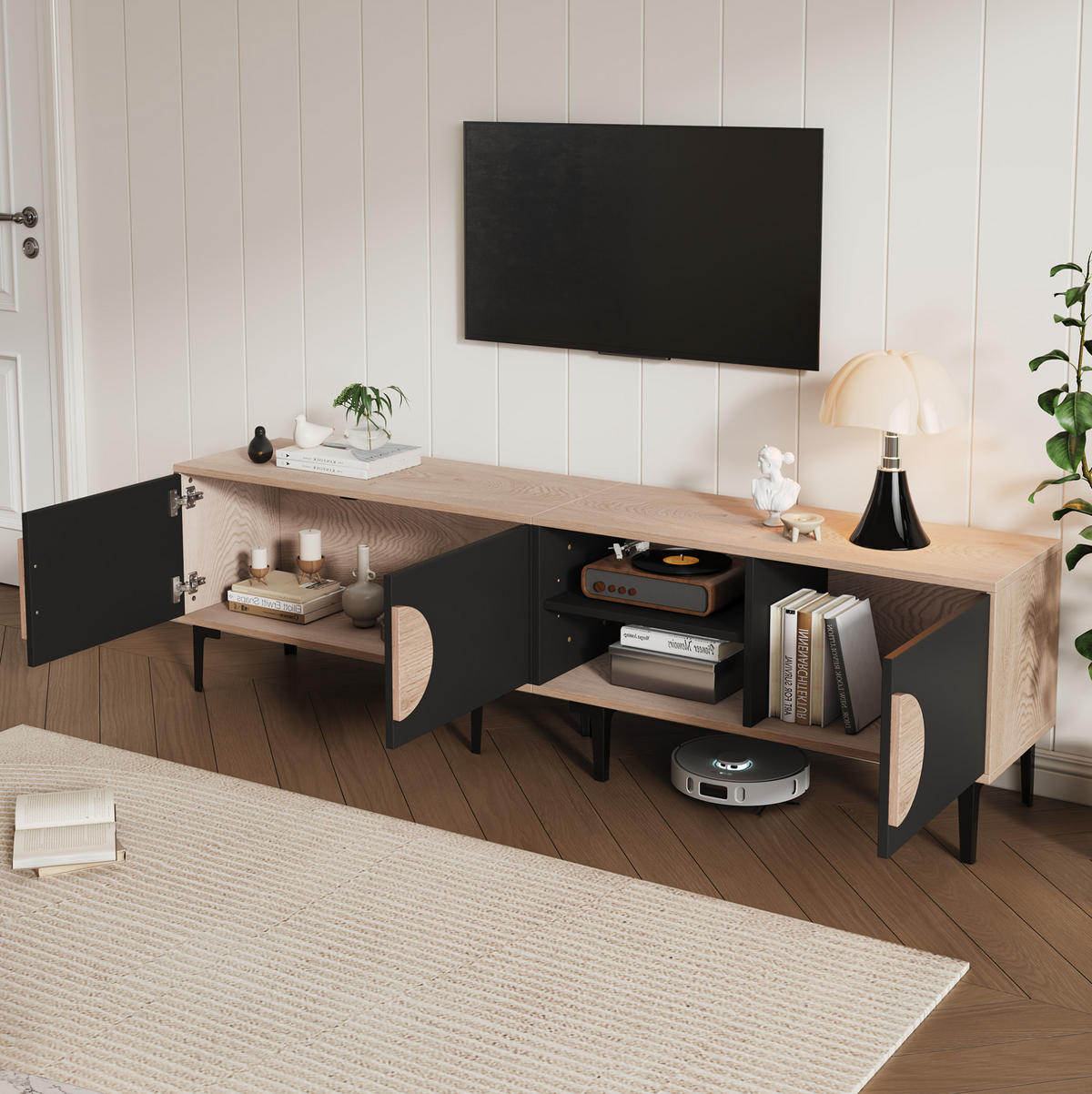 TV-LOWBOARD 180/35/49 cm Eiche-Schwarz aus Spanplatte mit 3 Türen - Schwarz, Holzwerkstoff (180/49/35cm) - OKWISH