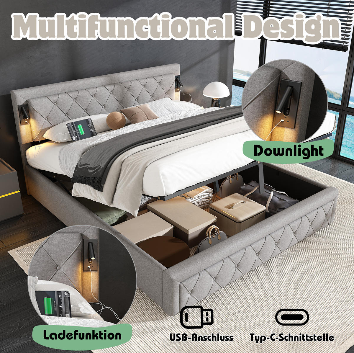 POLSTERBETT 180/200 cm aus Leinen mit Downlights, USB-Anschlüssen, hydraulischem Bettkasten und Lattenrost, Grau - Grau, Textil (180/200cm) - Redom
