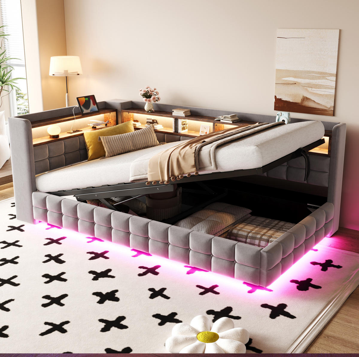 POLSTERBETT aus Samtstoff 90x200 cm Hellgrau mit LED-Beleuchtung, USB-, Typ-C-Anschluss, Steckdose und hydraulischem Stauraum - Hellgrau, Textil (90/200cm) - Modfu