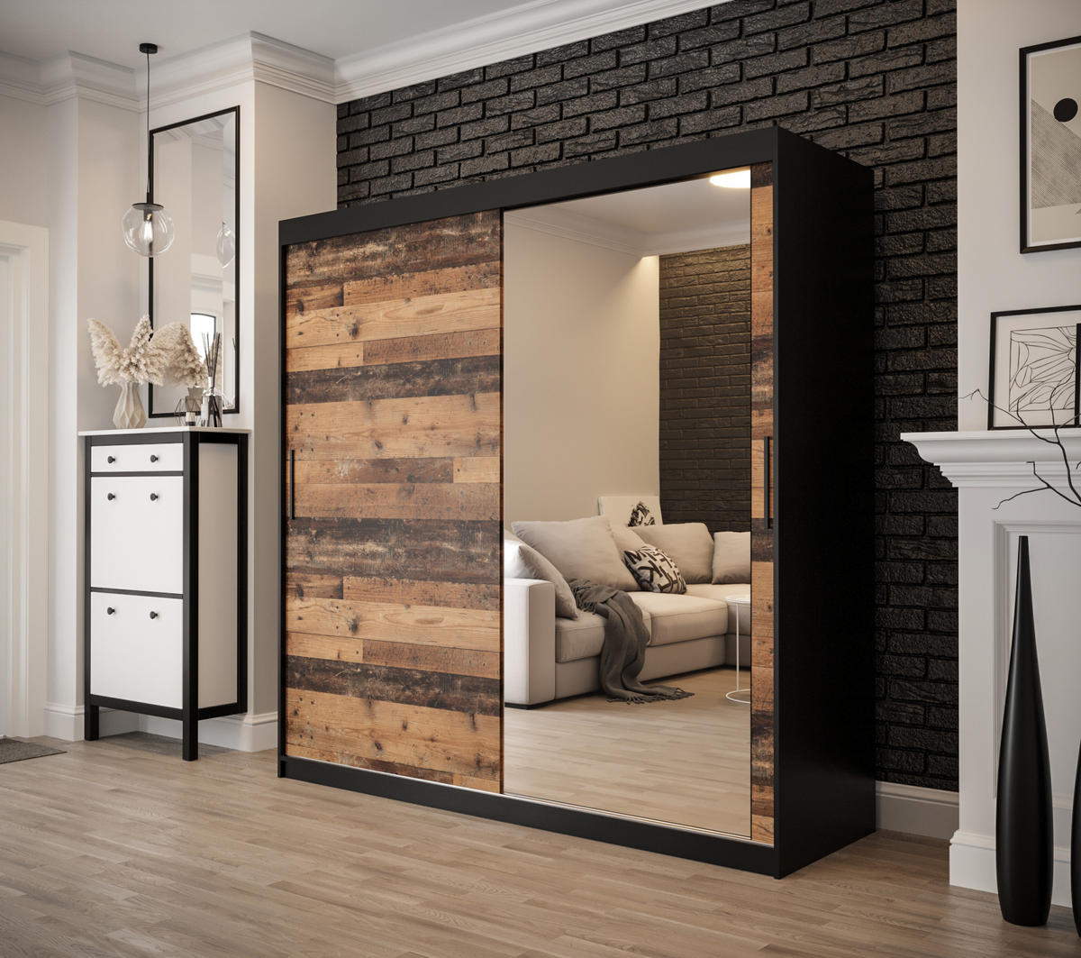 SCHWEBETÜRENSCHRANK 200/200/62 2-türig - Eichefarben/Schwarz, Holz/Kunststoff (200/200/62cm) - MÖBEL KRYSPOL