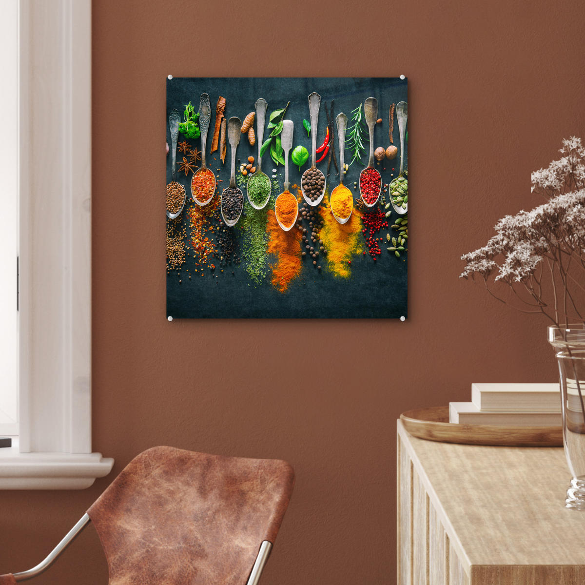 OBRAZ NA AKRYLOVOM SKLE Bylinky - korenie - lyžičky 50x50 cm - kari žltá, sklo (50/50cm) - MuchoWow