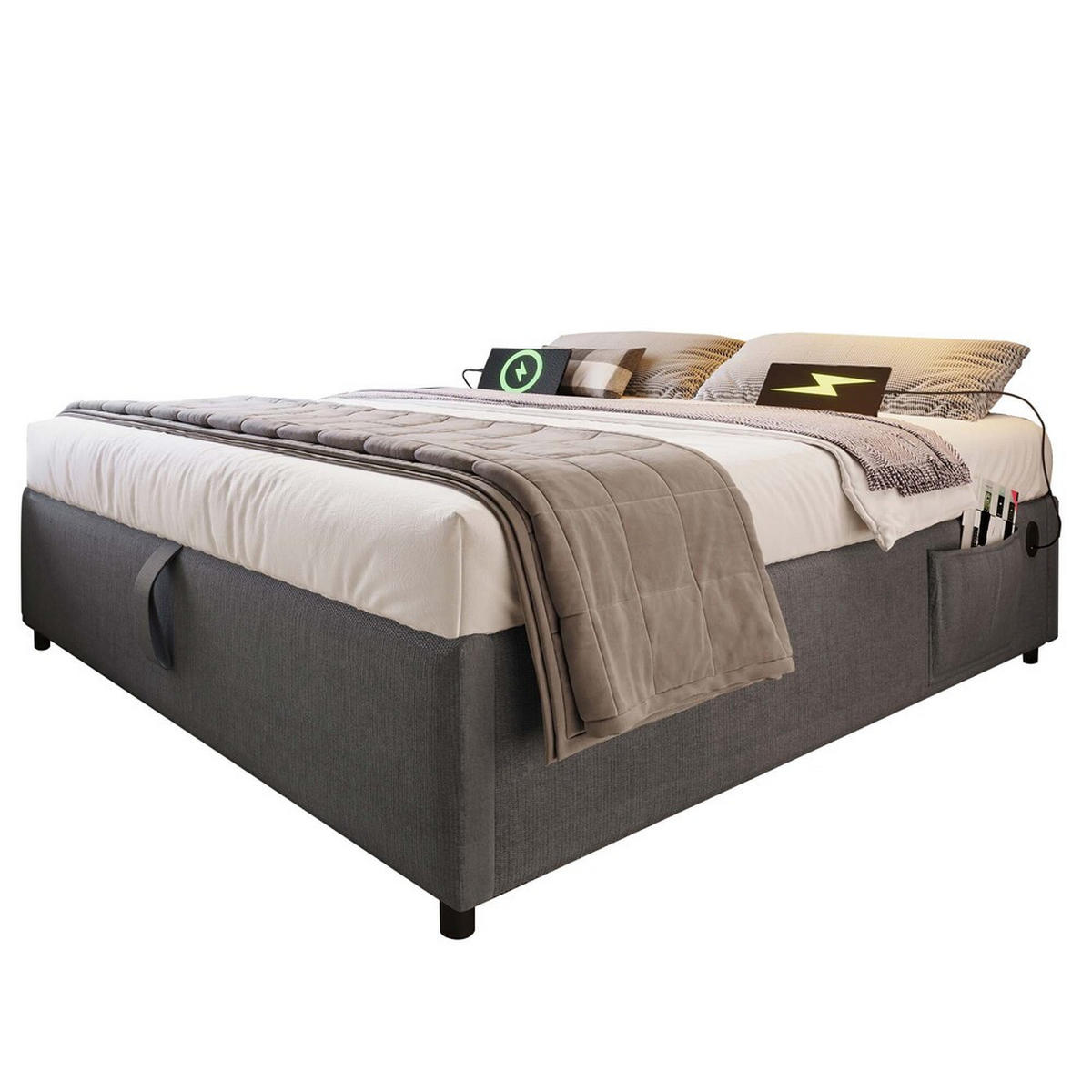 POLSTERBETT 160x200cm Doppelbett Stauraumbett mit USB-C & Lattenrost Grau - Grau, Holz - FLIEKS