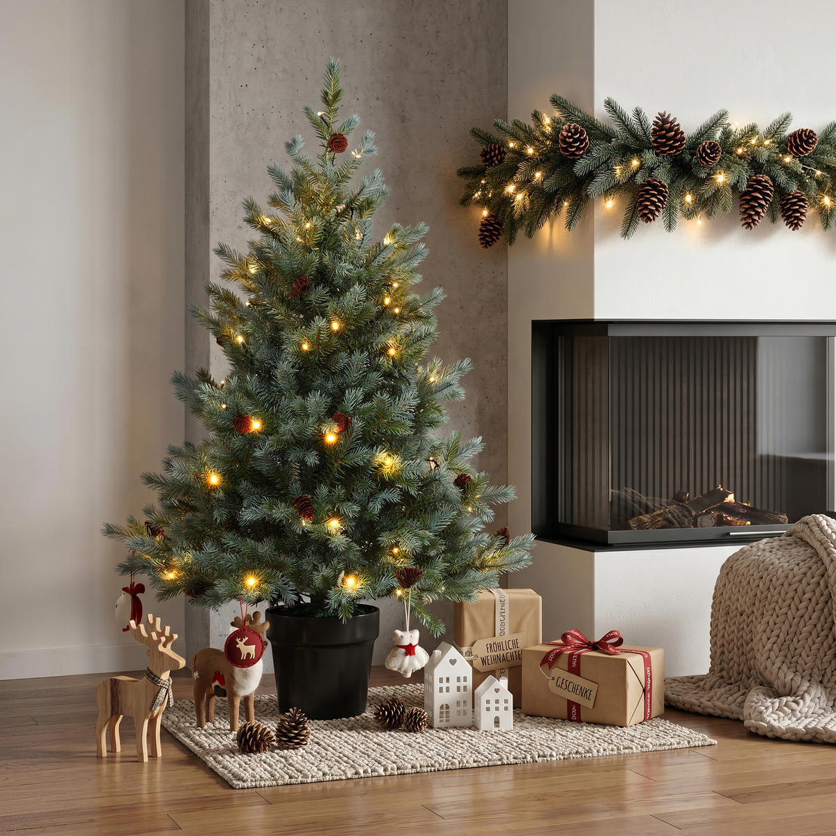 KÜNSTLICHER Weihnachtsbaum mit Beleuchtung 90 cm, Schwarzer Kunststofftopf - Grün, Kunststoff (63/90/63cm) - Hometopia