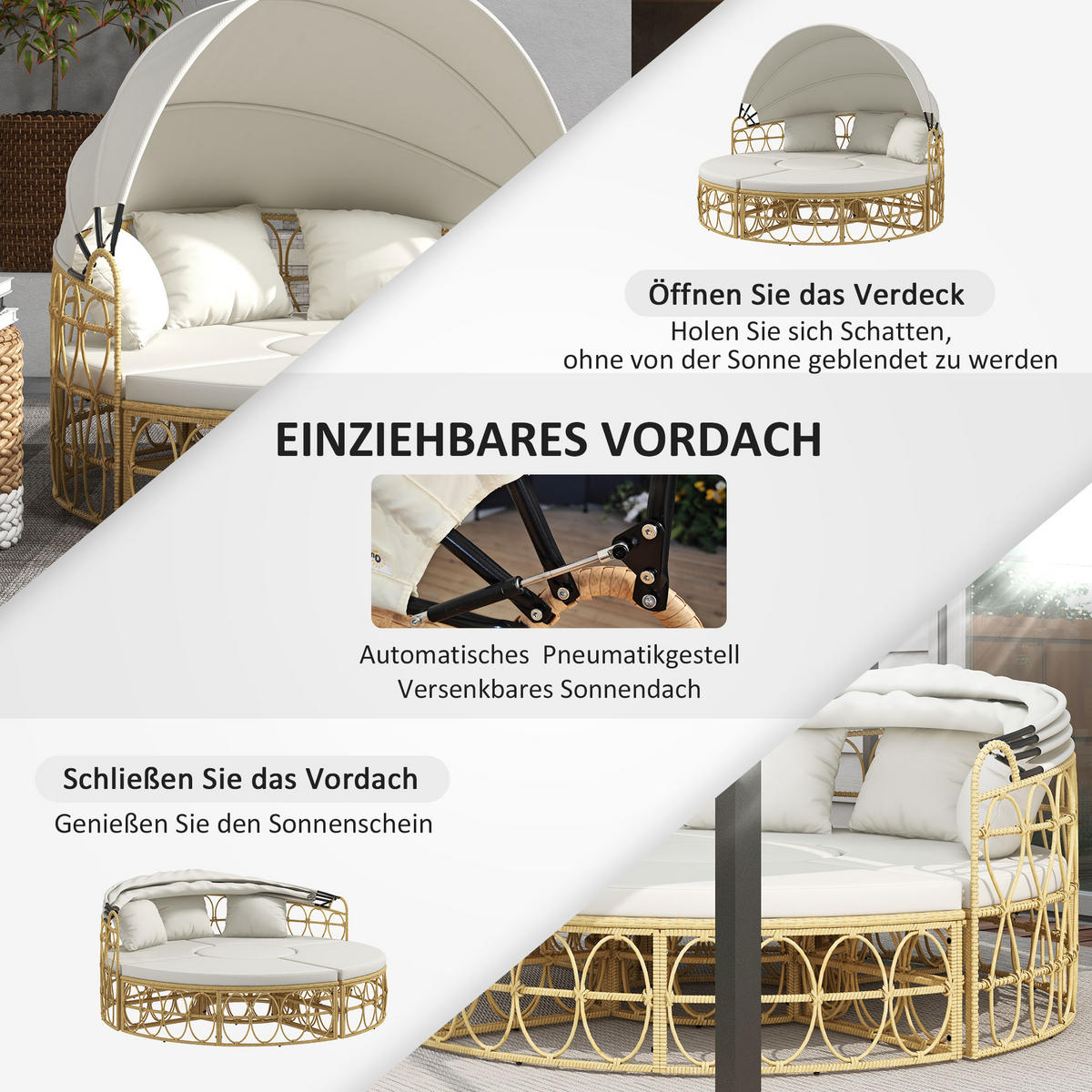 GARTENLOUNGE 178/85/66,5 cm cremeweiß aus Rattan mit Sonnendach - Weiß, Naturmaterialien - OKWISH