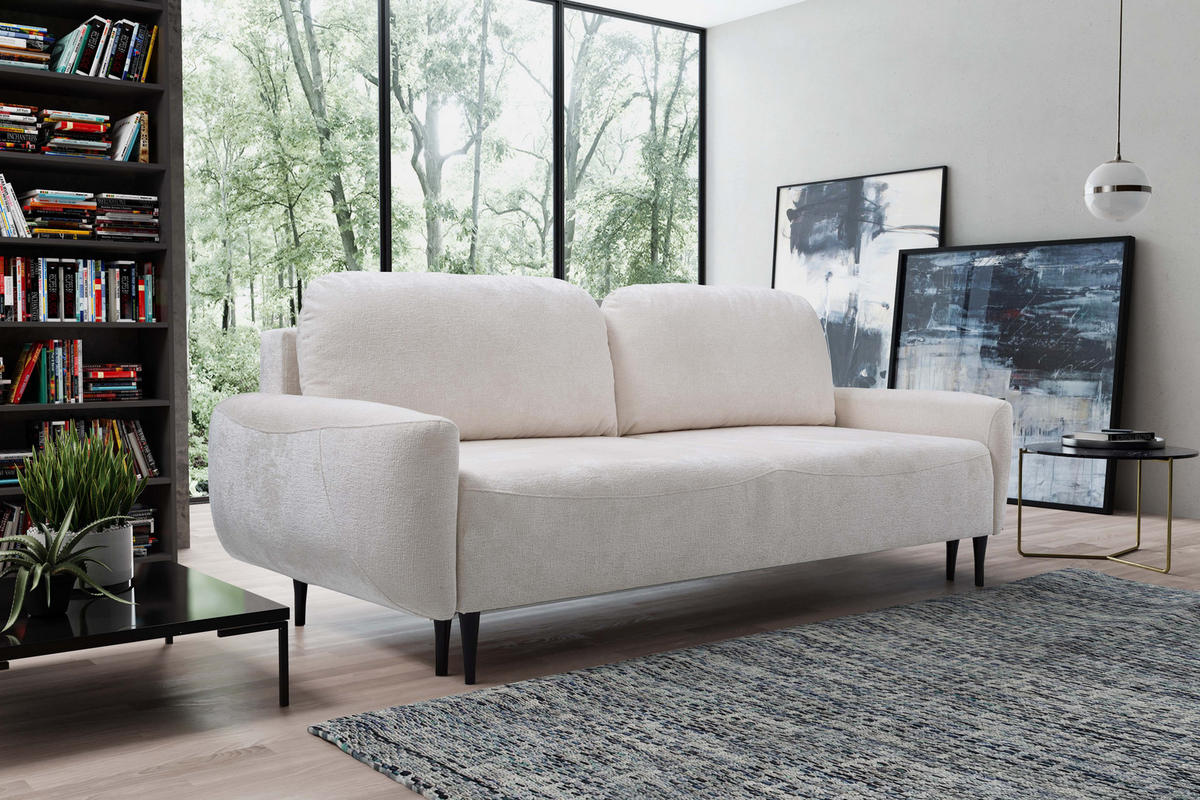SOFA BOHO Mit Schlaffunktion Und Bettkasten, Wellenfederung, PUR-Schaum, Holzfüße, lose Rückenkissen, freistehend, 244x102x92 cm Cream - Creme, Holz/Textil (244/92/102cm) - DomoHome