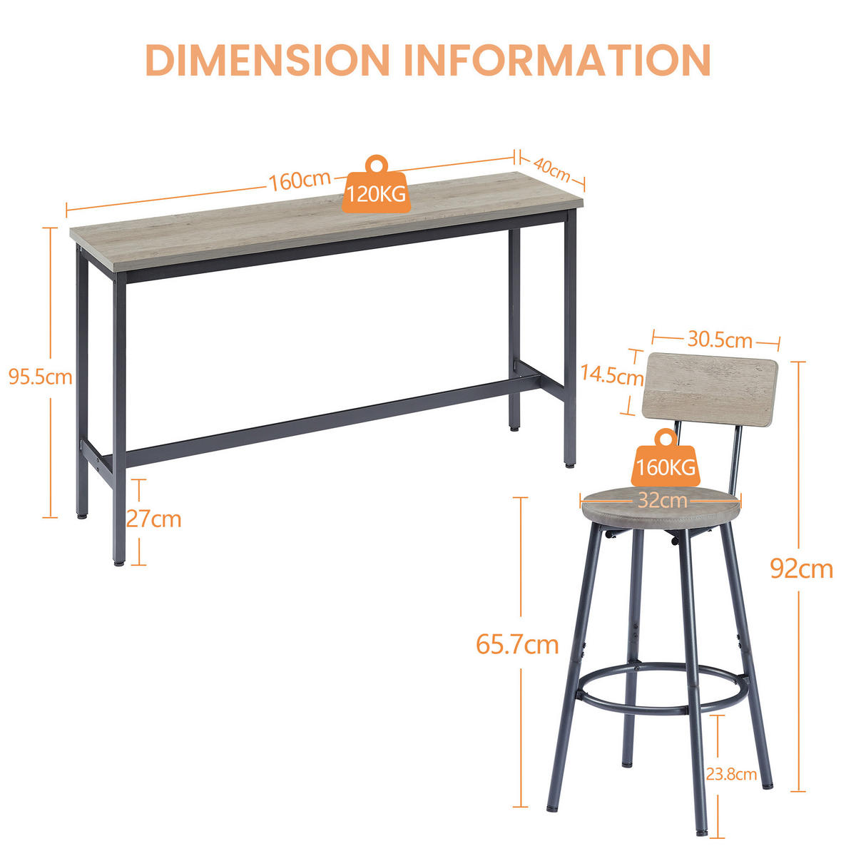 BARTISCH-SET DE-39321 3-teilig mit PU-Barhockern Grau - Grau, Holzwerkstoff (160/94.5/40cm) - ComfortXL