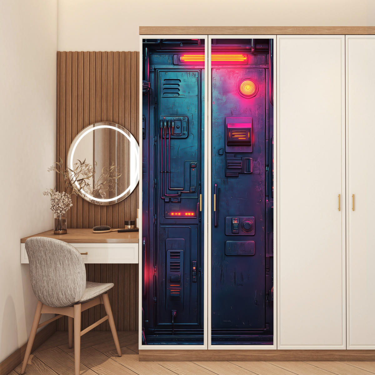 NÁLEPKA NA DVERE Dvere - futuristické - modré - ružové - neónové 80x215 cm - antracitová, plast (80/0.1cm) - MuchoWow