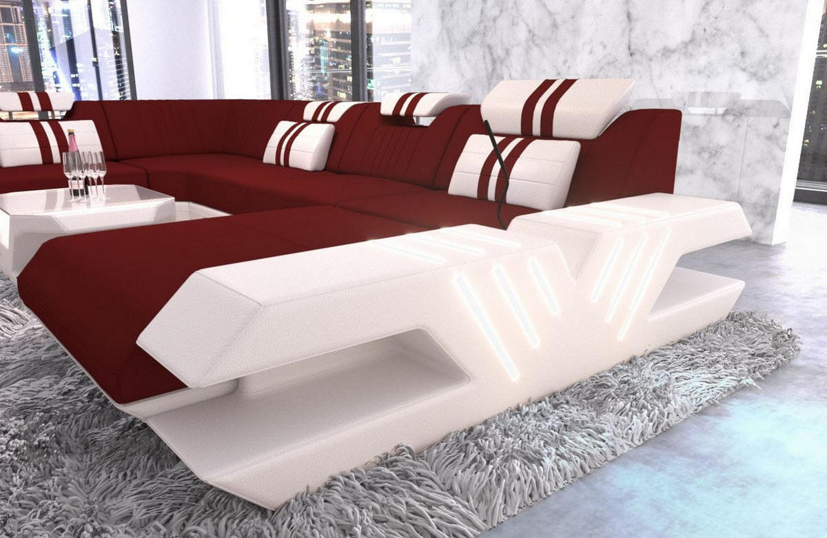 WOHNLANDSCHAFT Venedig Dunkelrot Weiß Mikrofaserstoff - Dunkelrot, Kunststoff (373/80/288cm)