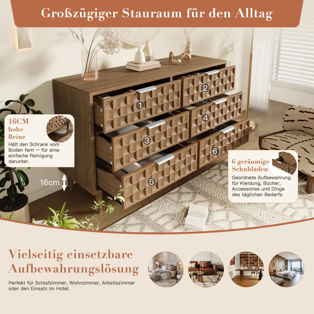 SIDEBOARD Eiche-Optik mit 6 Schubladen & Schokoladenwaffel-Design - Eichefarben, Holzwerkstoff (120/77/37cm) - Urban Meuble