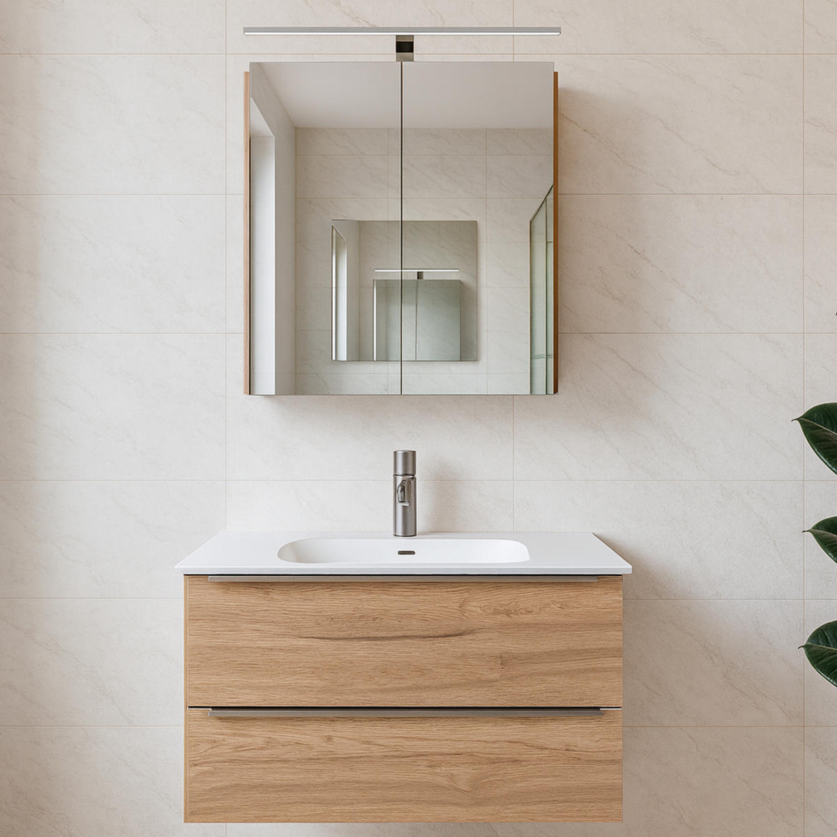 BADMÖBEL-SET „Liora“ 80 cm – vormontiert – Eiche Optik – mit LED-Spiegelschrank - Eiche Artisan, Holzwerkstoff (100/200/80cm) - GEBA