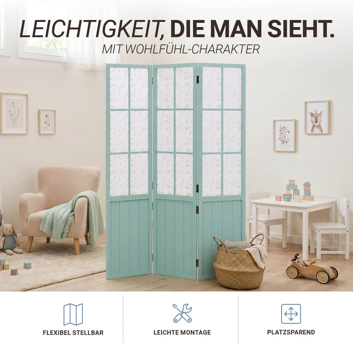 PARAVENT 3-tlg. 120/170 cm Türkis Landhausstil - Türkis, Holz (120/170/2cm) - Homestyle4u