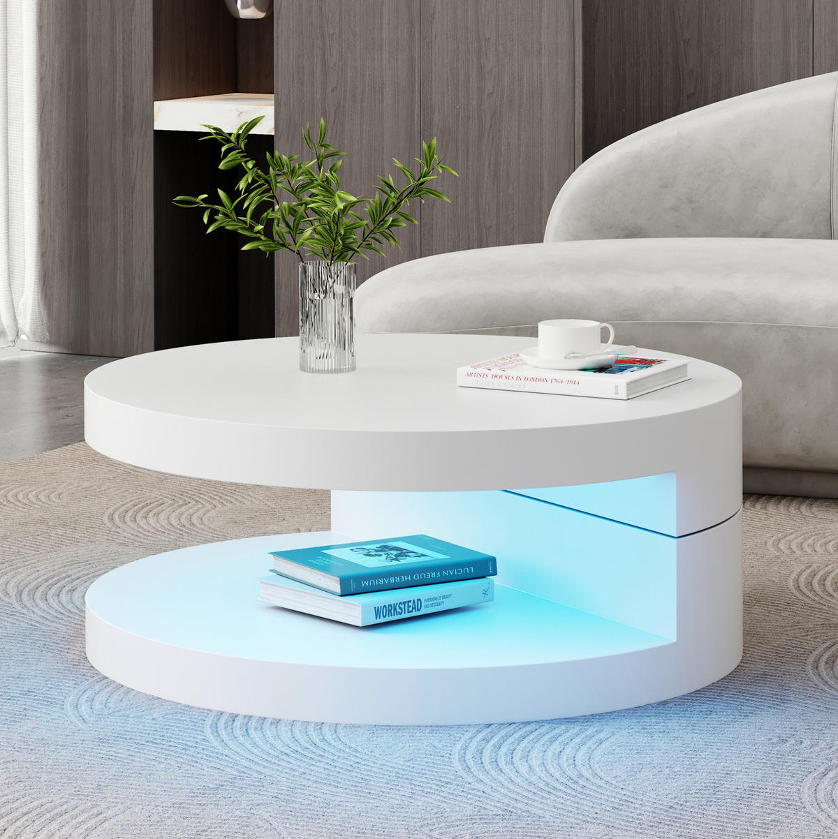COUCHTISCH 70/70/35,5 cm mit 360° drehbarer Tischplatte, LED-Beleuchtung und 2 Ebenen aus MDF, Weiß - Weiß, Holzwerkstoff (70/70/35.5cm) - Redom