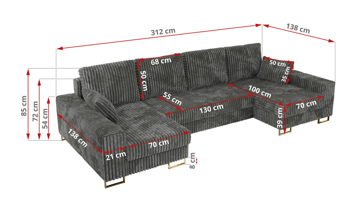 WOHNLANDSCHAFT DORIAN U Cord Dunkelgrau - Dunkelgrau/Goldfarben, Textil/Metall (312/85/138cm) - MKS