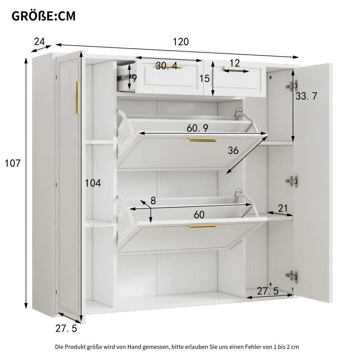 SCHUHSCHRANK 120/24/107 cm in Weiß mit 2 Schubladen und verstellbaren Einlegeböden - Weiß, Holzwerkstoff (120/107/24cm) - Flora Grace
