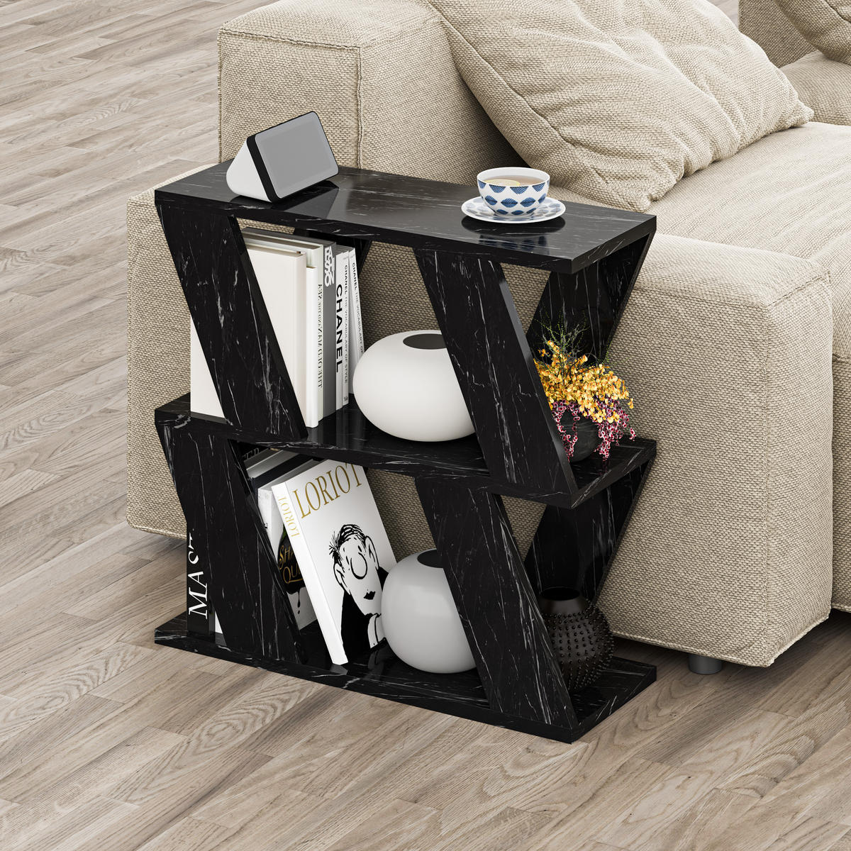 BEISTELLTISCH Lazena Schwarzer Marmoreffekt matt 60/22/55,4 cm - Graphitfarben, Holzwerkstoff (22/60/55.4cm) - Decortie