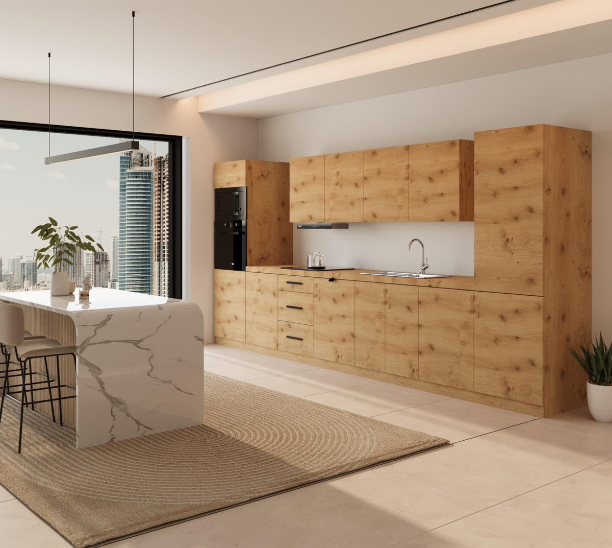 KÜCHENZEILE 440 cm - Langen KL7-M440 in Artisan Eiche - Eiche Artisan, Holz/Metall (440/212/58cm)