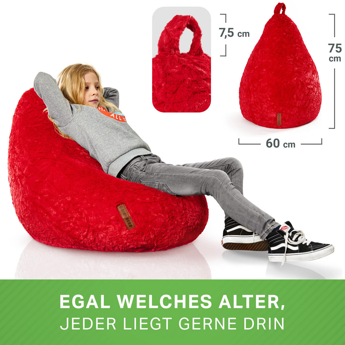 SITZSACK "Plüsch" 60x45x45cm - 120L - Rot, Textil (45/60/45cm) - Green Bean