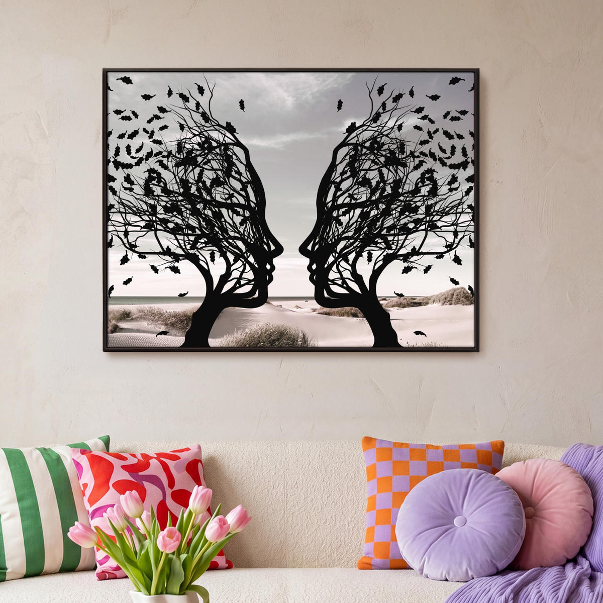 LEINWAND Bilder mit Rahmen - Strand - Meer - Menschen - Baum - Moderne Kunst - 100x70 - Hellgrau, Textil (100/70cm) - MuchoWow