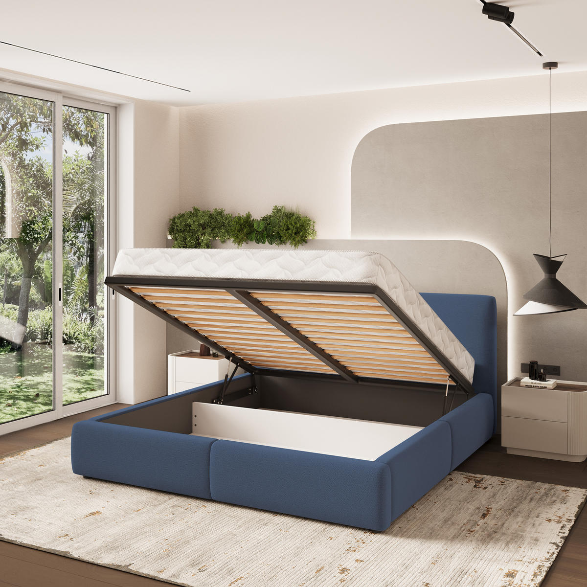 POLSTERBETT FELURO 160x200 cm mit Bettkästen - Blau - Blau, Holz (160/200cm) - MASSENO