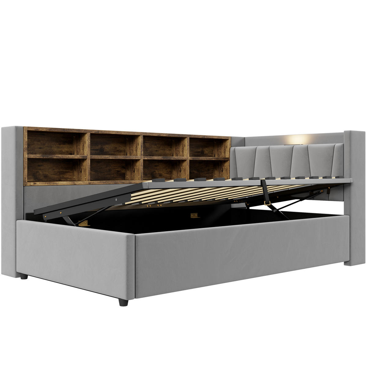 POLSTERBETT 90/200 cm Hellgrau mit Stauraum, Nachtlicht und USB- und Type-C-Anschlüssen - Hellgrau, Textil (90/200cm) - Flora Grace