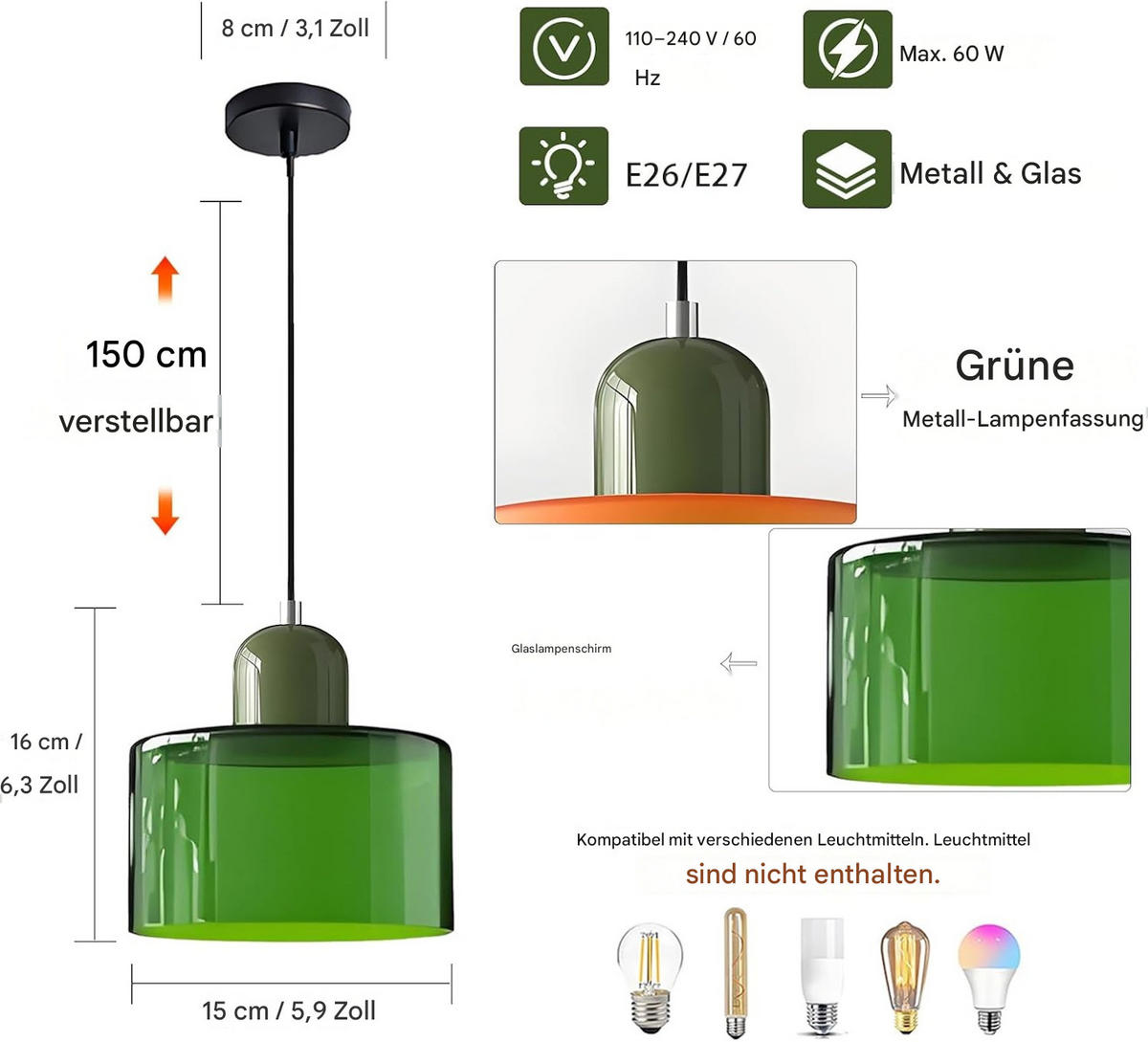 PENDELLEUCHTE Glas Nordisch Modern 15cm Hellgrün, E27 bis 150cm höhenverstellbar - Smaragdgrün, Metall (15/16/15cm) - Authentics