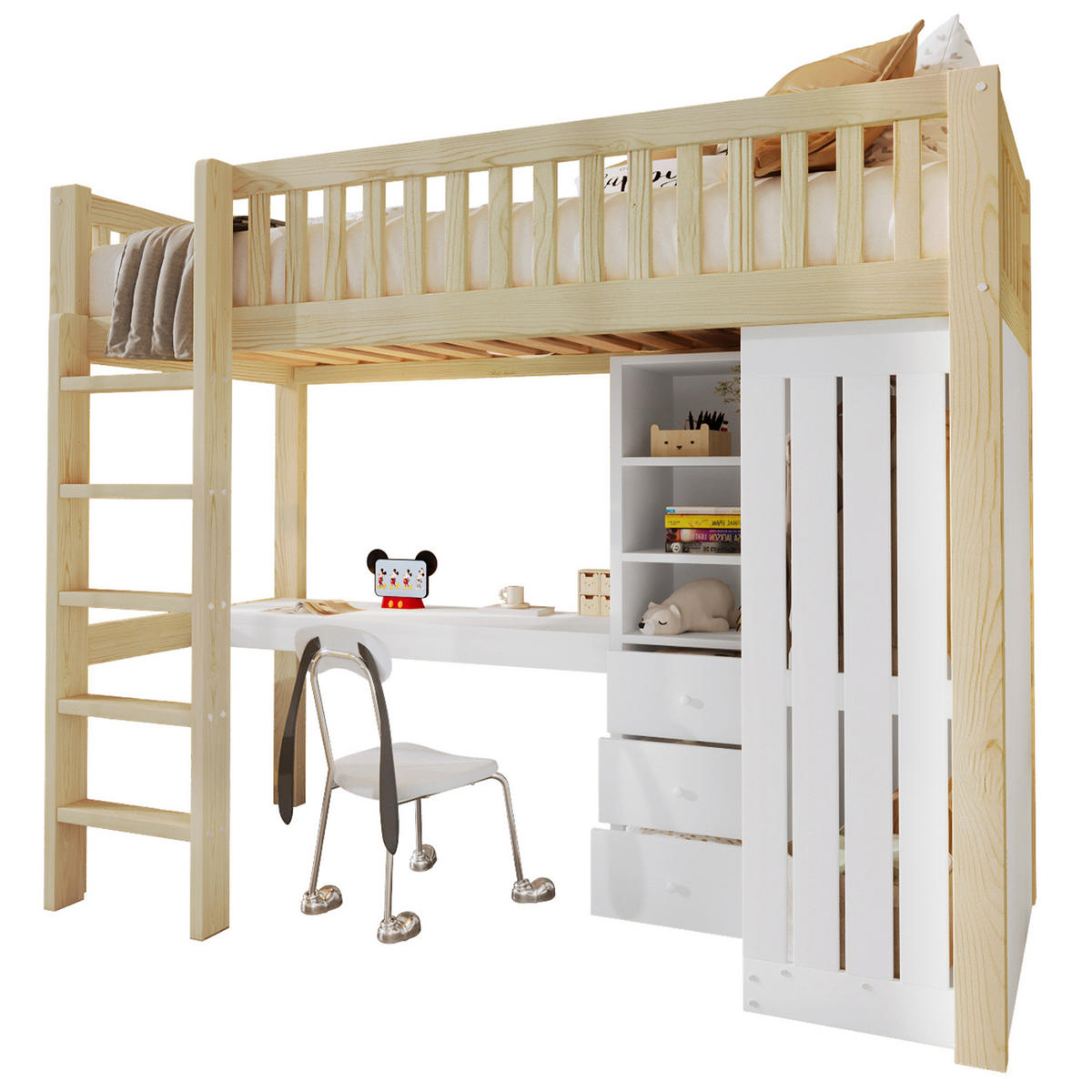 HOCHBETT aus Kiefernholz und MDF 90x200 cm Natur mit Schreibtisch, Kleiderschrank und 3 Schubladen - Naturfarben, Holzwerkstoff (90/200cm) - IVMEU